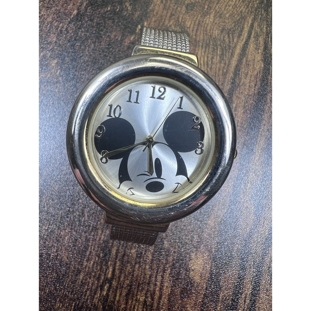 Disney Mickey Mouse Silver & Gold Tone Cuff Bangle Wristwatch Rare
